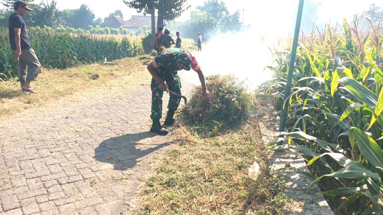 Wujudkan Lingkungan Sehat, Babinsa dan Warga Karangasem Gelar Kerja Bakti Bersihkan Jalan Desa